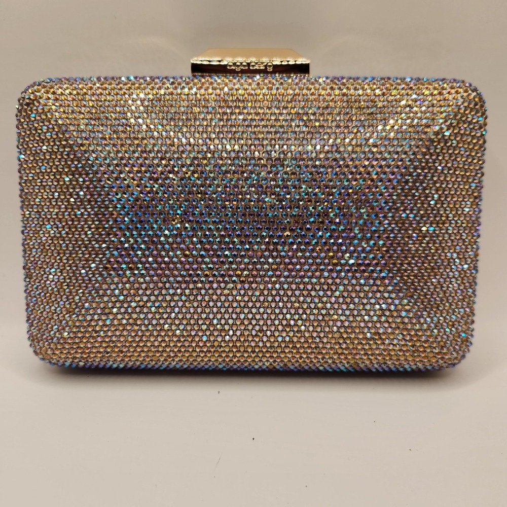 New Olga Berg Edith Iridescent Crystal Clutch Bag Gold Tone Rainbow Evening A